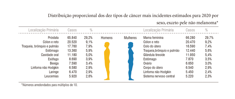 Distribuicao proporcional dos dez tipos de cancer mais incidentes estimados para 2020 por sexo, exceto pele nao melanoma