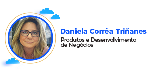 Lustração com 2 nuvens azul, com o nome Daniela Corrêa produtos e desenvolvimento de negócios