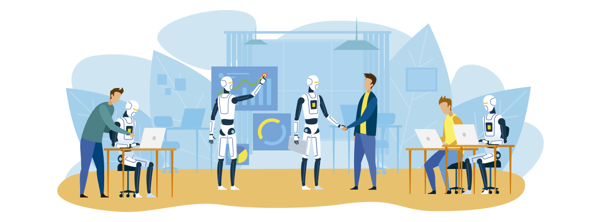 Ilustração de um robô e um humano interagindo no ambiente de trabalho