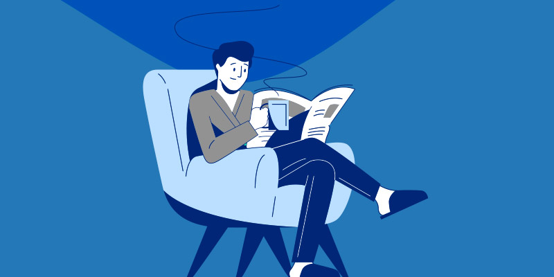 Ilustração de um menino lendo um jornal e tomando um café.