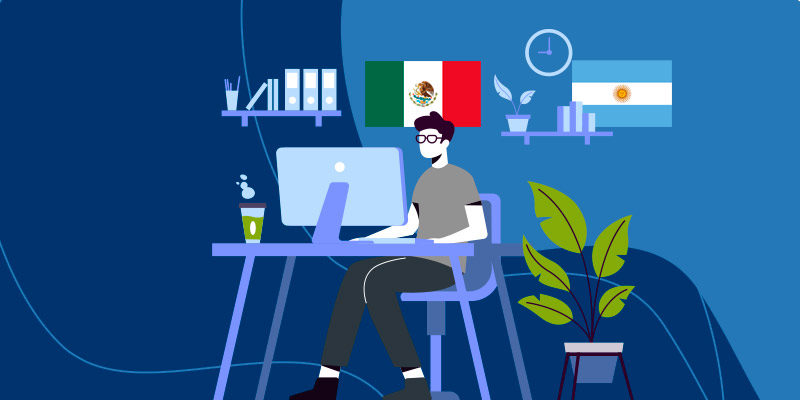 Ilustração de um menino sentado em frente a um computador, de fundo as bandeiras do México e Argentina.