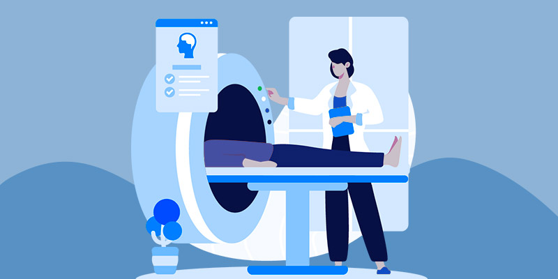 Ilustração de uma médica realizando uma tomografia em um homem.