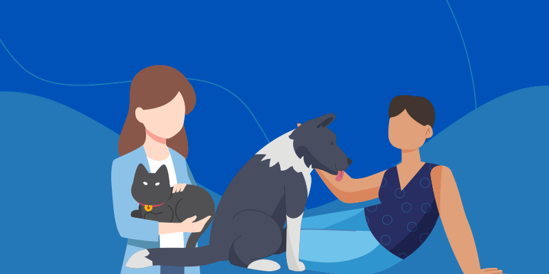 Ilustração de duas mulheres com seus pets de estimação, sendo eles, um gato e um cachorro.