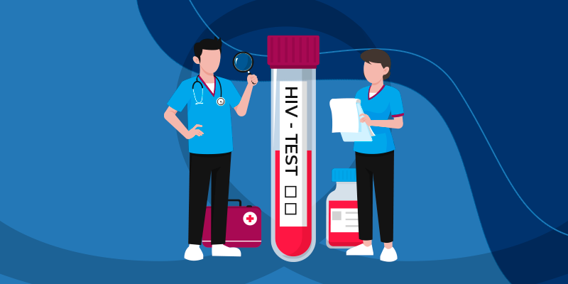 Ilustração de um home e uma mulher da área da saúde. No meio deles, um tubo de exame de HIV.