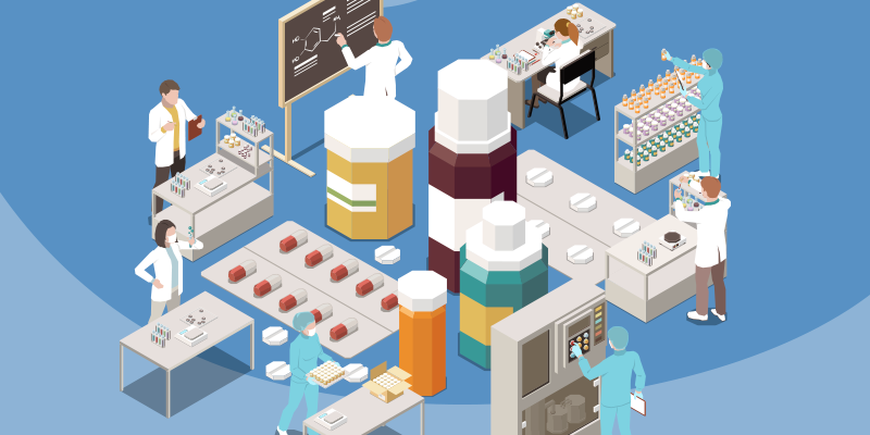 Ilustração de uma indústria farmacêutica.