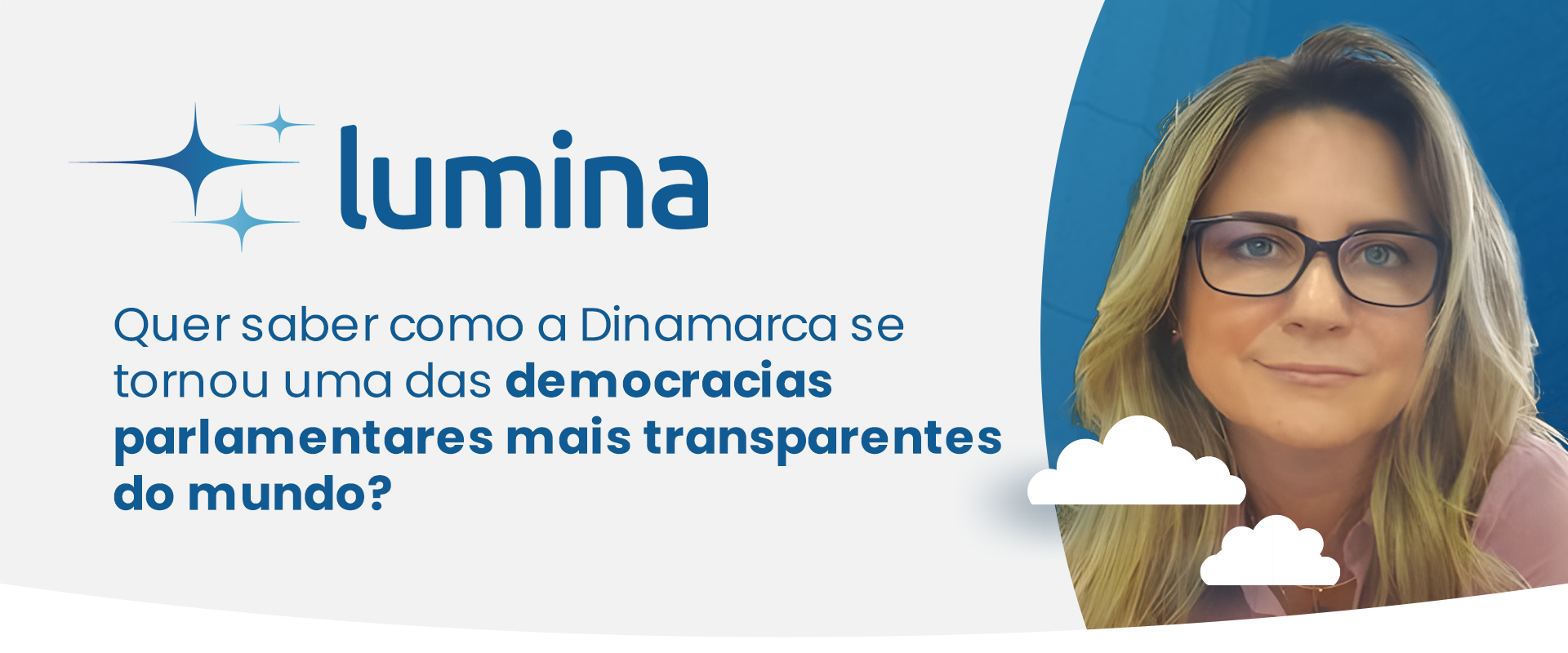 Fundo branco com nuvens. No lado direito, temos a foto da Daniela Corrêa